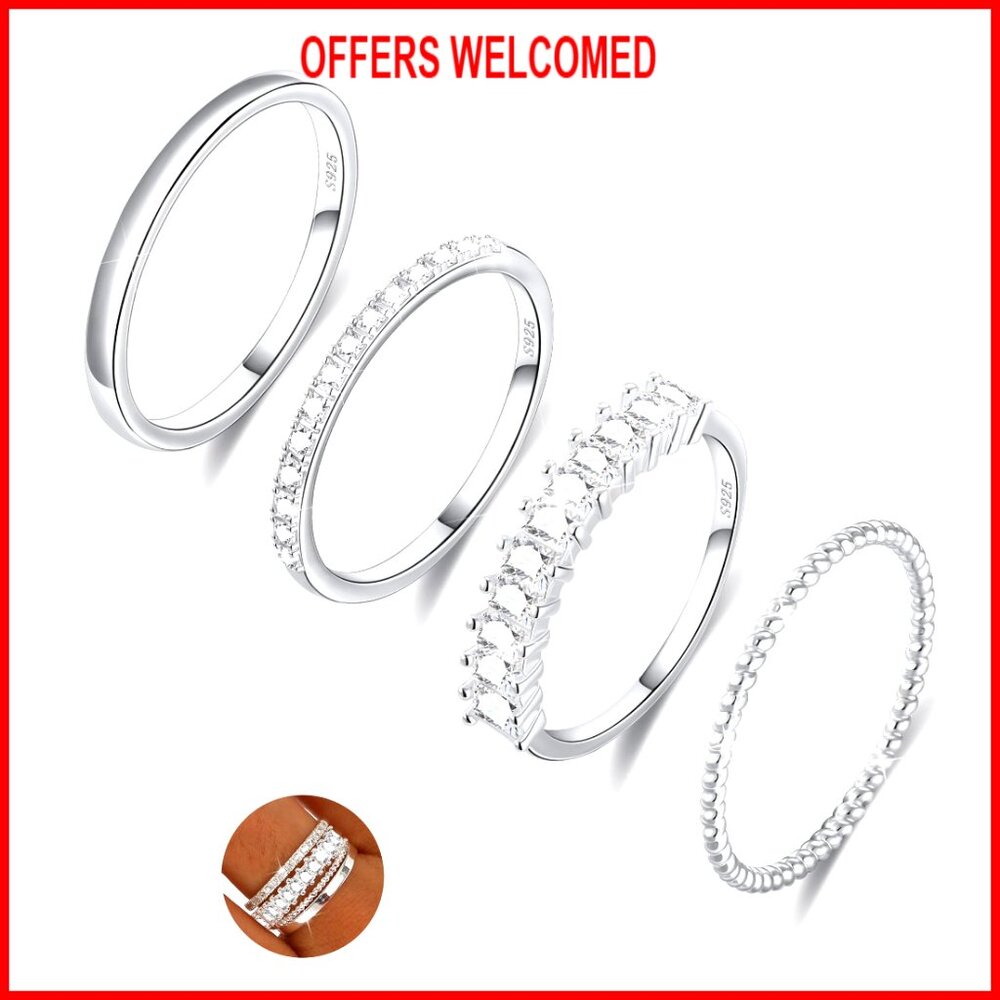 Sterling Silver Stackable Rings Set, Cubic Zircon… - image 1